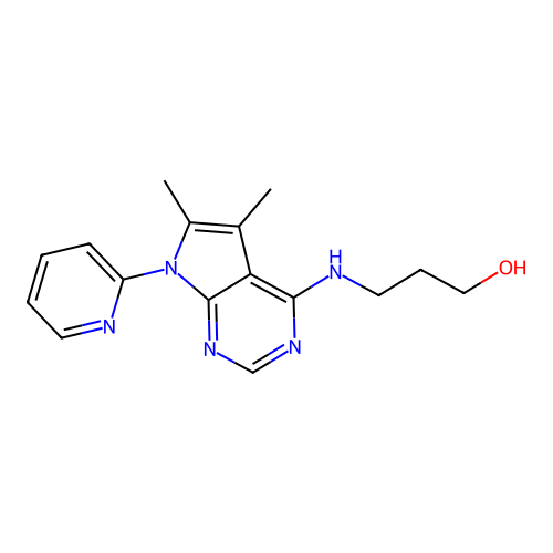 3-((5,6-dimethyl-7-(pyridin-2-yl)-7H-pyrrolo[2,3-d]pyrimidin-4-yl)amino)propan-1-ol structure