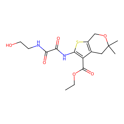 ethyl 2-({[(2-hydroxyethyl)amino](oxo)acetyl}amino)-5,5-dimethyl-4,7-dihydro-5H-thieno[2,3-c]pyran-3-carboxylate structure