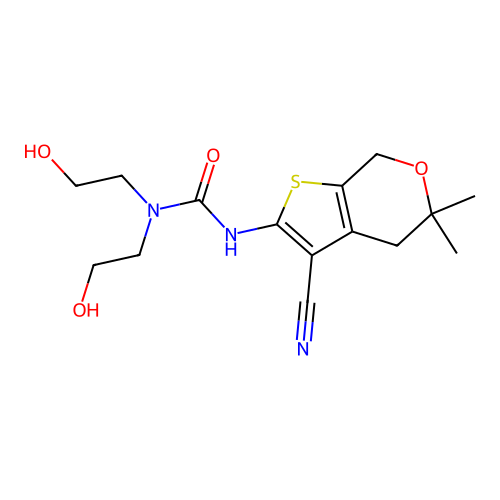 3-(3-cyano-5,5-dimethyl-4,7-dihydrothieno[2,3-c]pyran-2-yl)-1,1-bis(2-hydroxyethyl)urea structure