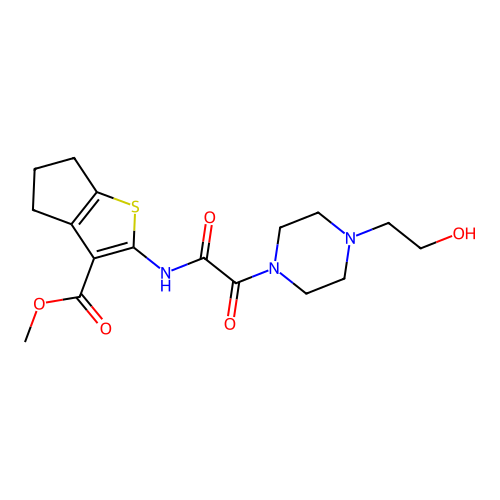 methyl 2-({[4-(2-hydroxyethyl)piperazin-1-yl](oxo)acetyl}amino)-5,6-dihydro-4H-cyclopenta[b]thiophene-3-carboxylate structure