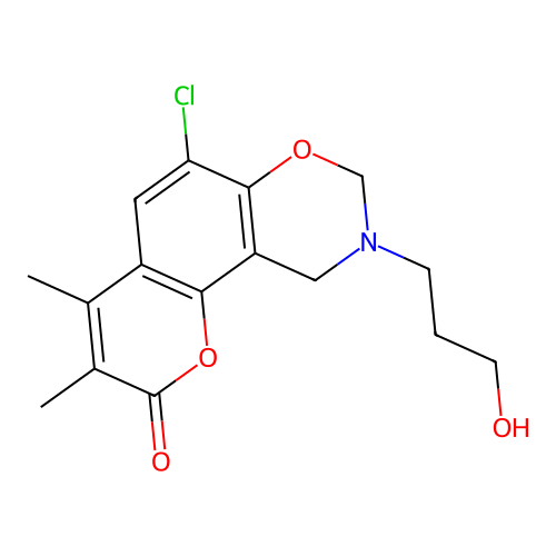 6-chloro-9-(3-hydroxypropyl)-3,4-dimethyl-9,10-dihydrochromeno[8,7-e][1,3]oxazin-2(8H)-one structure