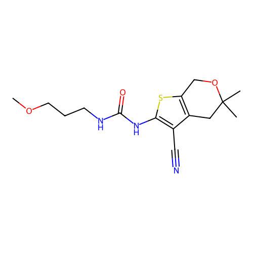 1-(3-cyano-5,5-dimethyl-4,7-dihydro-5H-thieno[2,3-c]pyran-2-yl)-3-(3-methoxypropyl)urea structure