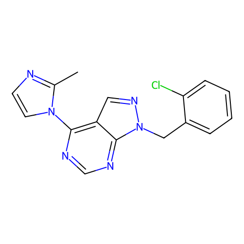 1-(2-chlorobenzyl)-4-(2-methyl-1H-imidazol-1-yl)-1H-pyrazolo[3,4-d]pyrimidine structure