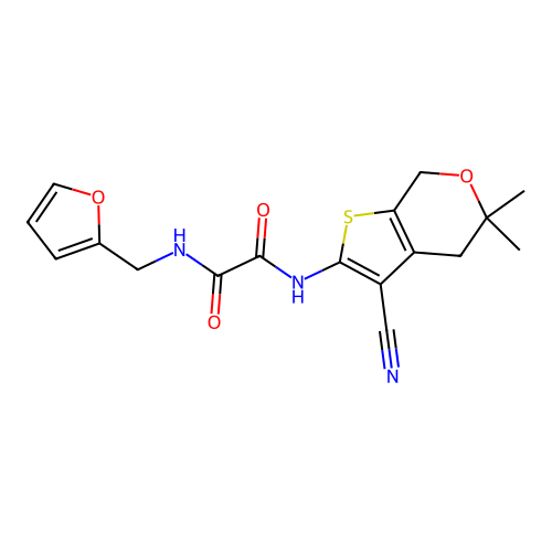 N'-(3-cyano-5,5-dimethyl-4,7-dihydrothieno[2,3-c]pyran-2-yl)-N-(furan-2-ylmethyl)oxamide structure