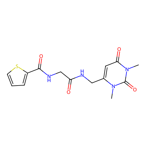 N-(2-(((1,3-dimethyl-2,6-dioxo-1,2,3,6-tetrahydropyrimidin-4-yl)methyl)amino)-2-oxoethyl)thiophene-2-carboxamide structure
