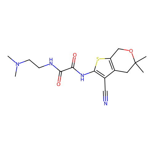 N'-(3-cyano-5,5-dimethyl-4,7-dihydrothieno[2,3-c]pyran-2-yl)-N-(2-dimethylaminoethyl)oxamide structure