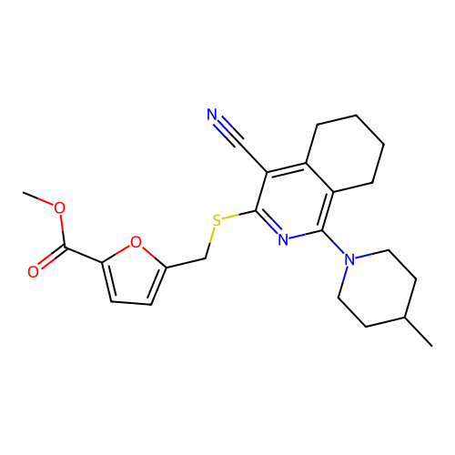 methyl 5-(((4-cyano-1-(4-methylpiperidin-1-yl)-5,6,7,8-tetrahydroisoquinolin-3-yl)thio)methyl)furan-2-carboxylate structure