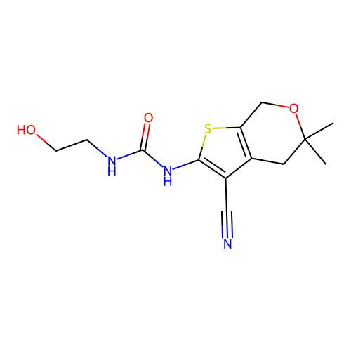 1-(3-cyano-5,5-dimethyl-4,7-dihydro-5H-thieno[2,3-c]pyran-2-yl)-3-(2-hydroxyethyl)urea structure