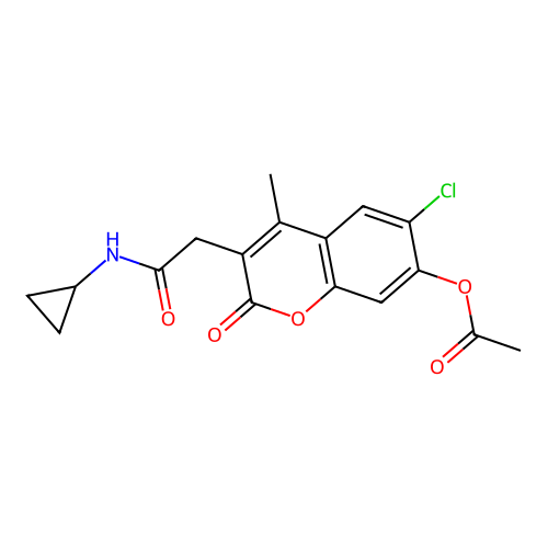 6-chloro-3-(2-(cyclopropylamino)-2-oxoethyl)-4-methyl-2-oxo-2H-chromen-7-yl acetate structure