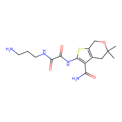 N-(3-aminopropyl)-N'-(3-carbamoyl-5,5-dimethyl-4,7-dihydro-5H-thieno[2,3-c]pyran-2-yl)ethanediamide structure