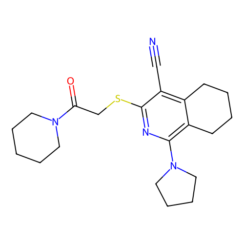 3-((2-oxo-2-(piperidin-1-yl)ethyl)thio)-1-(pyrrolidin-1-yl)-5,6,7,8-tetrahydroisoquinoline-4-carbonitrile structure