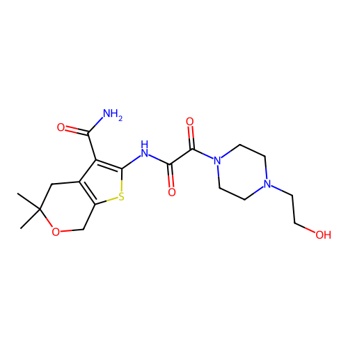 2-({[4-(2-hydroxyethyl)piperazin-1-yl](oxo)acetyl}amino)-5,5-dimethyl-4,7-dihydro-5H-thieno[2,3-c]pyran-3-carboxamide structure