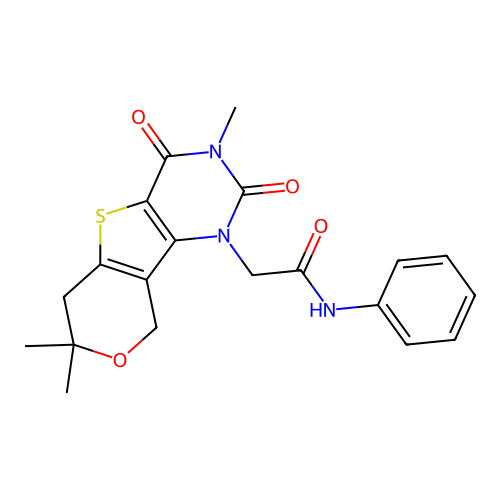 N-phenyl-2-(3,7,7-trimethyl-2,4-dioxo-2,3,4,6,7,9-hexahydro-1H-pyrano[3',4':4,5]thieno[3,2-d]pyrimidin-1-yl)acetamide structure