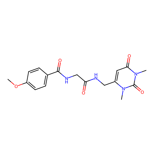 N-(2-(((1,3-dimethyl-2,6-dioxo-1,2,3,6-tetrahydropyrimidin-4-yl)methyl)amino)-2-oxoethyl)-4-methoxybenzamide structure