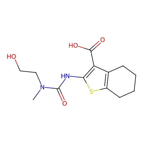 2-(3-(2-hydroxyethyl)-3-methylureido)-4,5,6,7-tetrahydrobenzo[b]thiophene-3-carboxylic acid structure