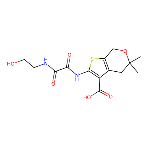 2-({[(2-hydroxyethyl)amino](oxo)acetyl}amino)-5,5-dimethyl-4,7-dihydro-5H-thieno[2,3-c]pyran-3-carboxylic acid structure