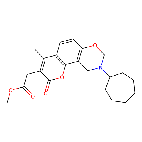 methyl 2-(9-cycloheptyl-4-methyl-2-oxo-2,8,9,10-tetrahydrochromeno[8,7-e][1,3]oxazin-3-yl)acetate structure