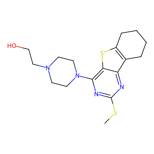 2-[4-(2-methylsulfanyl-6,7,8,9-tetrahydro-[1]benzothiolo[3,2-d]pyrimidin-4-yl)piperazin-1-yl]ethanol structure