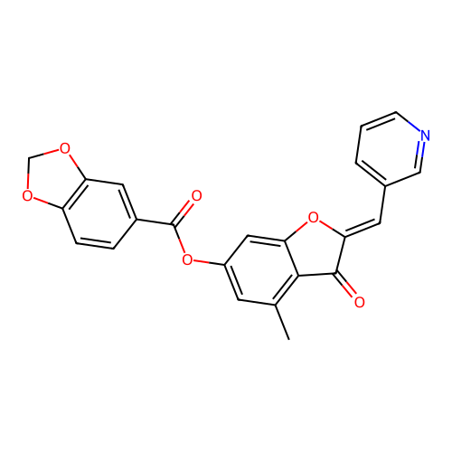 (Z)-4-methyl-3-oxo-2-(pyridin-3-ylmethylene)-2,3-dihydrobenzofuran-6-yl benzo[d][1,3]dioxole-5-carboxylate structure