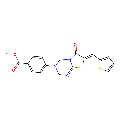 (Z)-methyl 4-(6-oxo-7-(thiophen-2-ylmethylene)-6,7-dihydro-2H-thiazolo[3,2-a][1,3,5]triazin-3(4H)-yl)benzoate structure