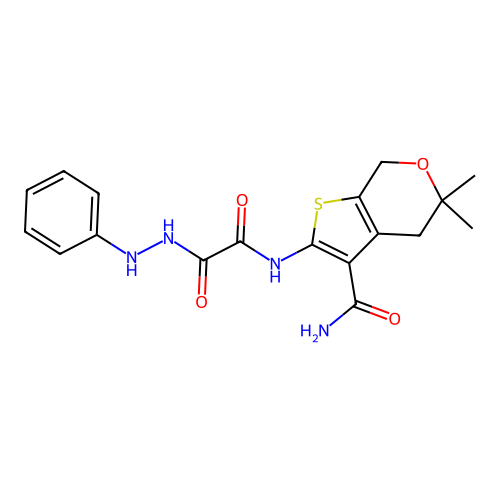 5,5-dimethyl-2-(2-oxo-2-(2-phenylhydrazinyl)acetamido)-5,7-dihydro-4H-thieno[2,3-c]pyran-3-carboxamide structure