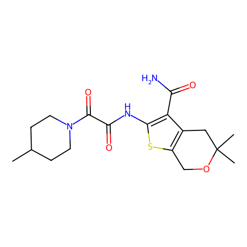 5,5-dimethyl-2-(2-(4-methylpiperidin-1-yl)-2-oxoacetamido)-5,7-dihydro-4H-thieno[2,3-c]pyran-3-carboxamide structure