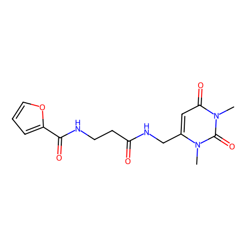 N-(3-(((1,3-dimethyl-2,6-dioxo-1,2,3,6-tetrahydropyrimidin-4-yl)methyl)amino)-3-oxopropyl)furan-2-carboxamide structure