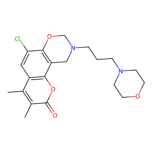 6-chloro-3,4-dimethyl-9-(3-morpholinopropyl)-9,10-dihydrochromeno[8,7-e][1,3]oxazin-2(8H)-one structure