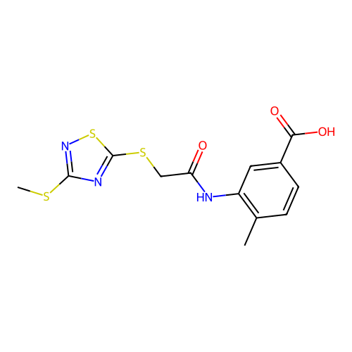 4-methyl-3-[({[3-(methylsulfanyl)-1,2,4-thiadiazol-5-yl]sulfanyl}acetyl)amino]benzoic acid structure