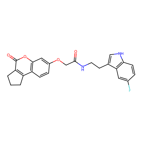 N-[2-(5-fluoro-1H-indol-3-yl)ethyl]-2-[(4-oxo-1,2,3,4-tetrahydrocyclopenta[c]chromen-7-yl)oxy]acetamide structure