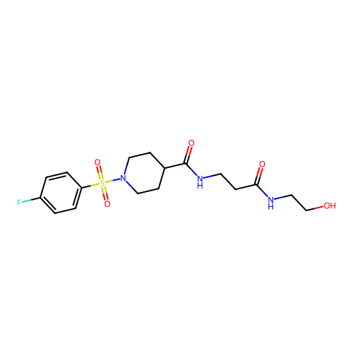 1-(4-fluorophenyl)sulfonyl-N-[3-(2-hydroxyethylamino)-3-oxopropyl]piperidine-4-carboxamide structure