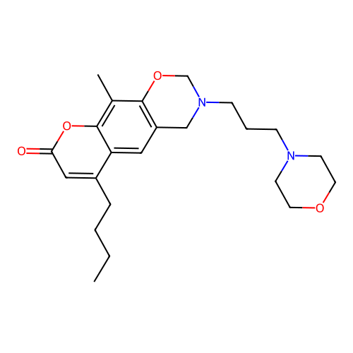 6-butyl-10-methyl-3-(3-morpholinopropyl)-3,4-dihydrochromeno[6,7-e][1,3]oxazin-8(2H)-one structure