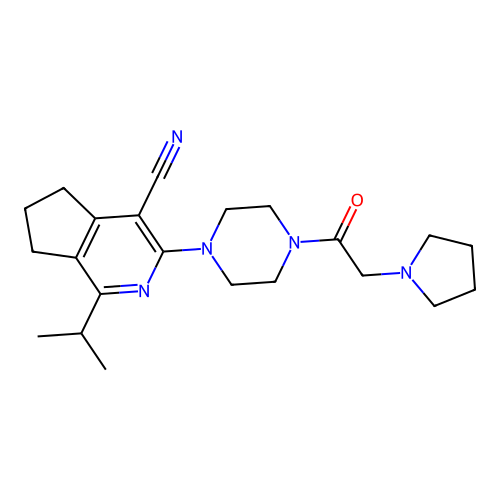 1-(propan-2-yl)-3-[4-(pyrrolidin-1-ylacetyl)piperazin-1-yl]-6,7-dihydro-5H-cyclopenta[c]pyridine-4-carbonitrile structure