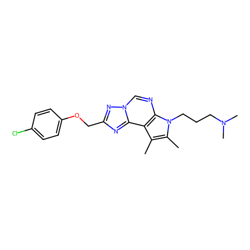 3-{2-[(4-chlorophenoxy)methyl]-8,9-dimethyl-7H-pyrrolo[3,2-e][1,2,4]triazolo[1,5-c]pyrimidin-7-yl}-N,N-dimethylpropan-1-amine structure