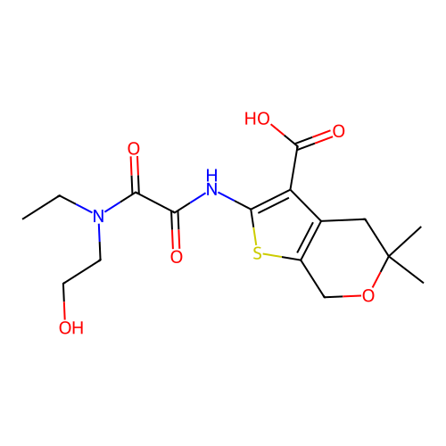 2-({[ethyl(2-hydroxyethyl)amino](oxo)acetyl}amino)-5,5-dimethyl-4,7-dihydro-5H-thieno[2,3-c]pyran-3-carboxylic acid structure