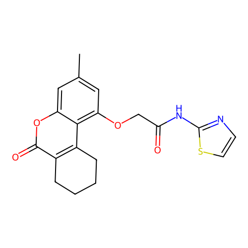 2-((3-methyl-6-oxo-7,8,9,10-tetrahydro-6H-benzo[c]chromen-1-yl)oxy)-N-(thiazol-2-yl)acetamide structure