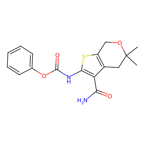 phenyl N-(3-carbamoyl-5,5-dimethyl-4,7-dihydrothieno[2,3-c]pyran-2-yl)carbamate structure