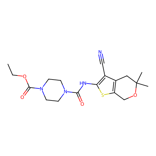 ethyl 4-[(3-cyano-5,5-dimethyl-4,7-dihydrothieno[2,3-c]pyran-2-yl)carbamoyl]piperazine-1-carboxylate structure