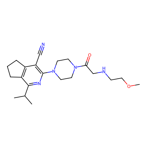 1-isopropyl-3-(4-(2-((2-methoxyethyl)amino)acetyl)piperazin-1-yl)-6,7-dihydro-5H-cyclopenta[c]pyridine-4-carbonitrile structure