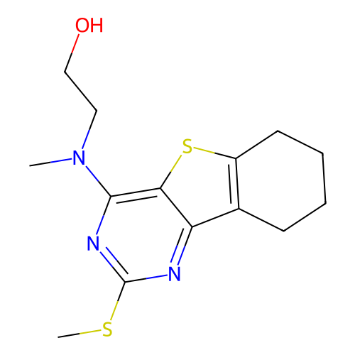 2-(methyl(2-(methylthio)-6,7,8,9-tetrahydrobenzo[4,5]thieno[3,2-d]pyrimidin-4-yl)amino)ethanol structure