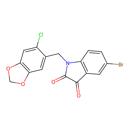 5-bromo-1-[(6-chloro-1,3-benzodioxol-5-yl)methyl]-1H-indole-2,3-dione structure