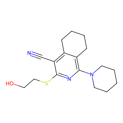 3-((2-hydroxyethyl)thio)-1-(piperidin-1-yl)-5,6,7,8-tetrahydroisoquinoline-4-carbonitrile structure