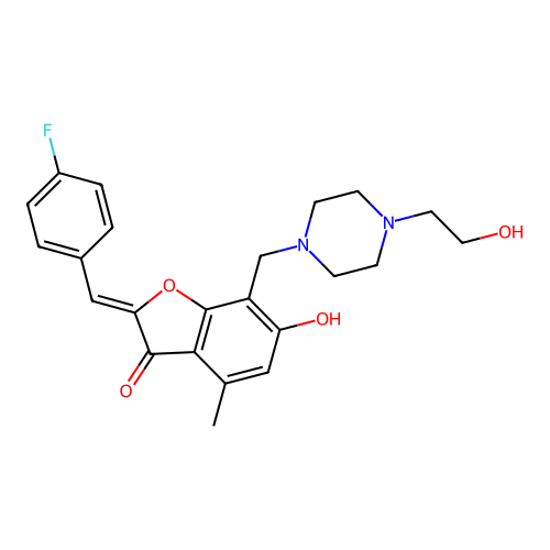 (Z)-2-(4-fluorobenzylidene)-6-hydroxy-7-((4-(2-hydroxyethyl)piperazin-1-yl)methyl)-4-methylbenzofuran-3(2H)-one structure