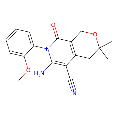 6-amino-7-(2-methoxyphenyl)-3,3-dimethyl-8-oxo-3,4,7,8-tetrahydro-1H-pyrano[3,4-c]pyridine-5-carbonitrile structure