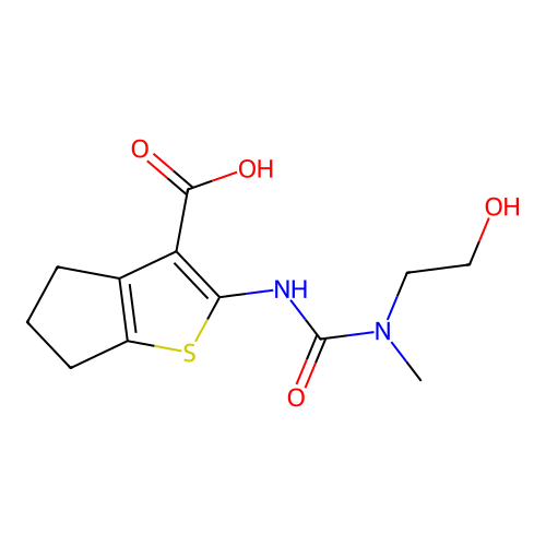 2-(3-(2-hydroxyethyl)-3-methylureido)-5,6-dihydro-4H-cyclopenta[b]thiophene-3-carboxylic acid structure