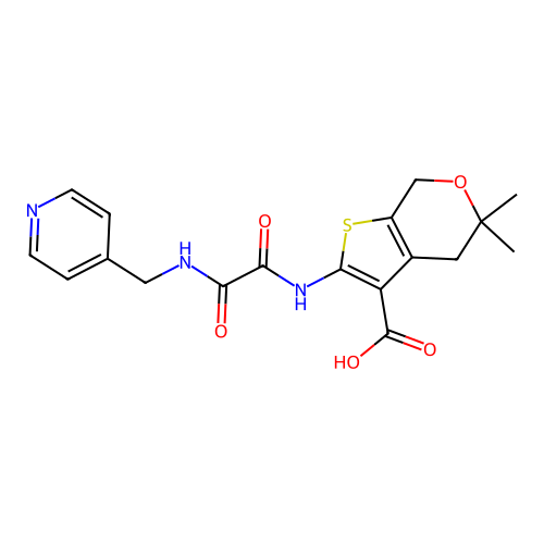 5,5-dimethyl-2-({oxo[(pyridin-4-ylmethyl)amino]acetyl}amino)-4,7-dihydro-5H-thieno[2,3-c]pyran-3-carboxylic acid structure