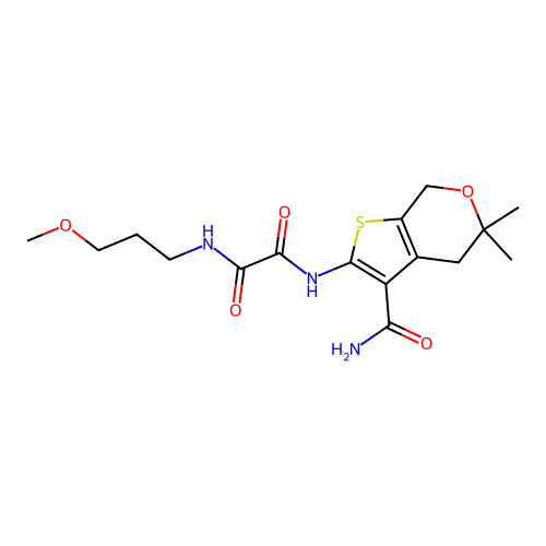 N'-(3-carbamoyl-5,5-dimethyl-4,7-dihydrothieno[2,3-c]pyran-2-yl)-N-(3-methoxypropyl)oxamide structure