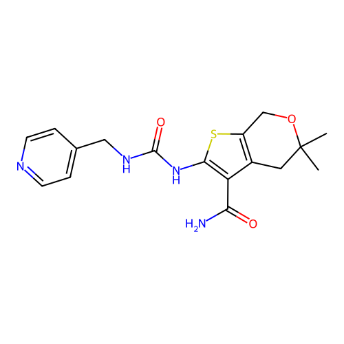 5,5-dimethyl-2-(pyridin-4-ylmethylcarbamoylamino)-4,7-dihydrothieno[2,3-c]pyran-3-carboxamide structure