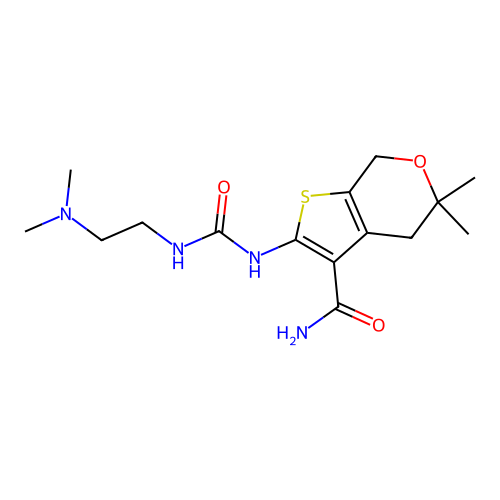 2-({[2-(dimethylamino)ethyl]carbamoyl}amino)-5,5-dimethyl-4,7-dihydro-5H-thieno[2,3-c]pyran-3-carboxamide structure