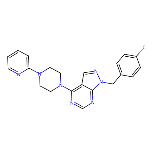 1-(4-chlorobenzyl)-4-[4-(pyridin-2-yl)piperazin-1-yl]-1H-pyrazolo[3,4-d]pyrimidine structure
